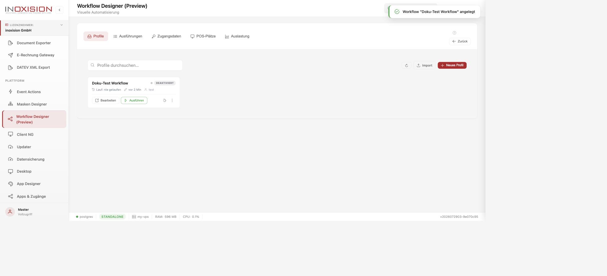 Profile-Übersicht im Workflow Designer NG mit Status und Schnellaktionen