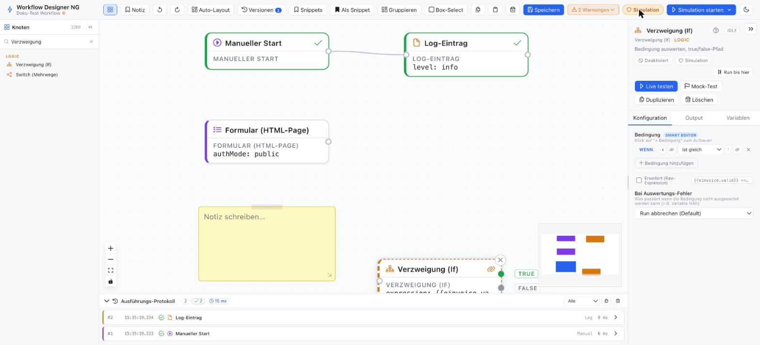Aktivierter Simulationsmodus im Workflow Designer NG