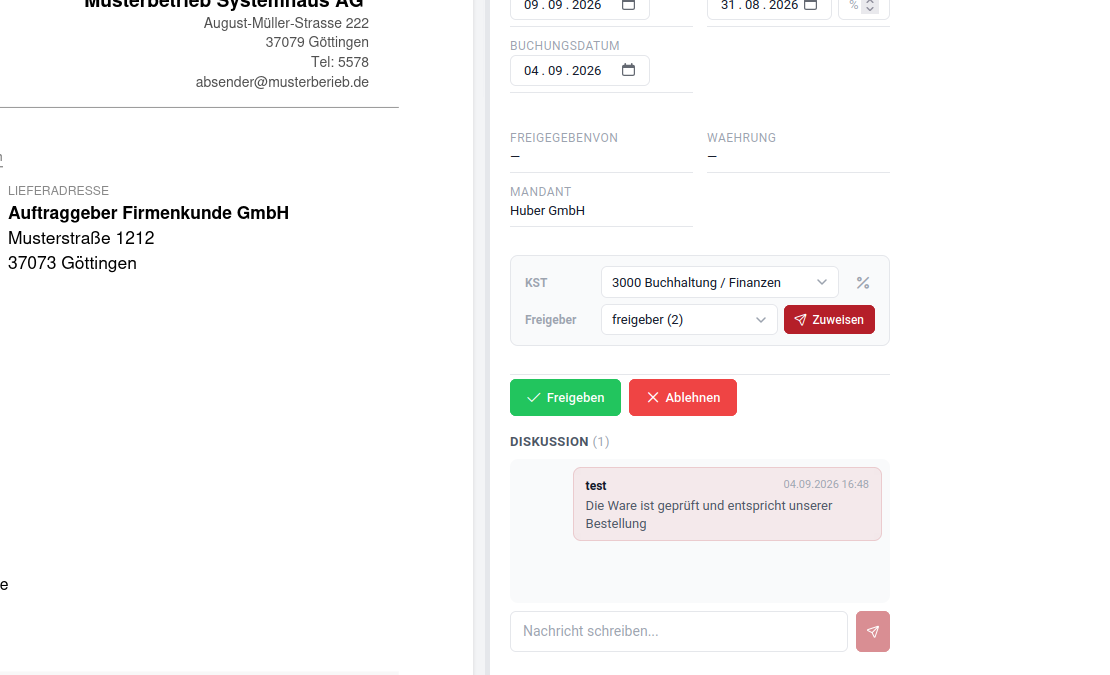 Belegfreigabe in inoxision NG mit Zuweisung, Freigabe und Diskussion