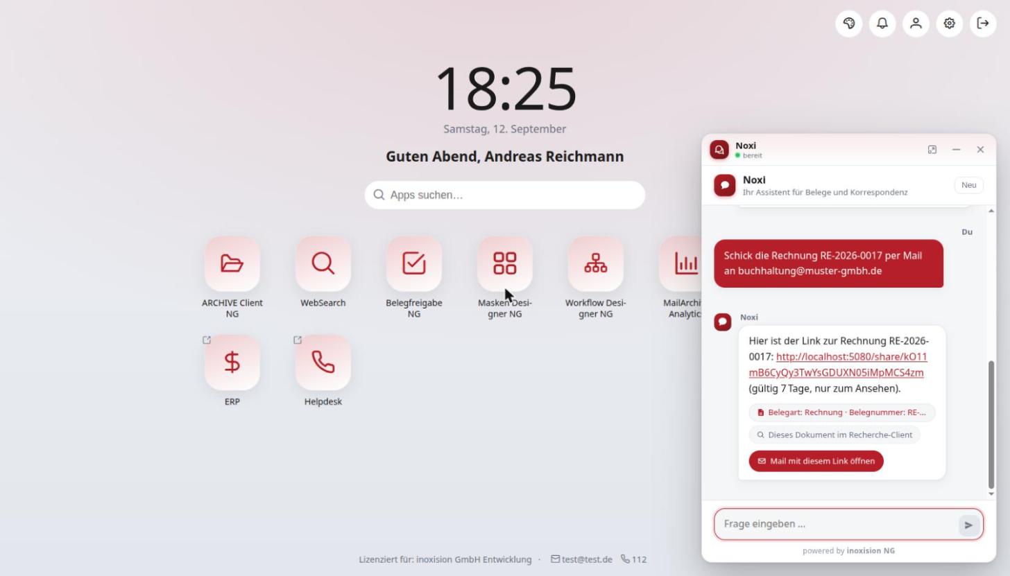 KI-Assistent in inoxision NG bereitet das Weitergeben eines Belegs per Freigabelink vor