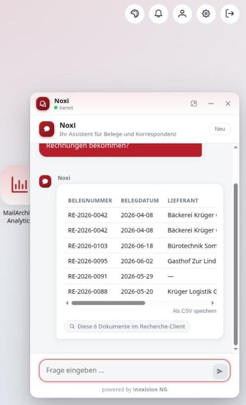 KI-Assistent in inoxision NG zeigt Ergebnisse einer Archivrecherche