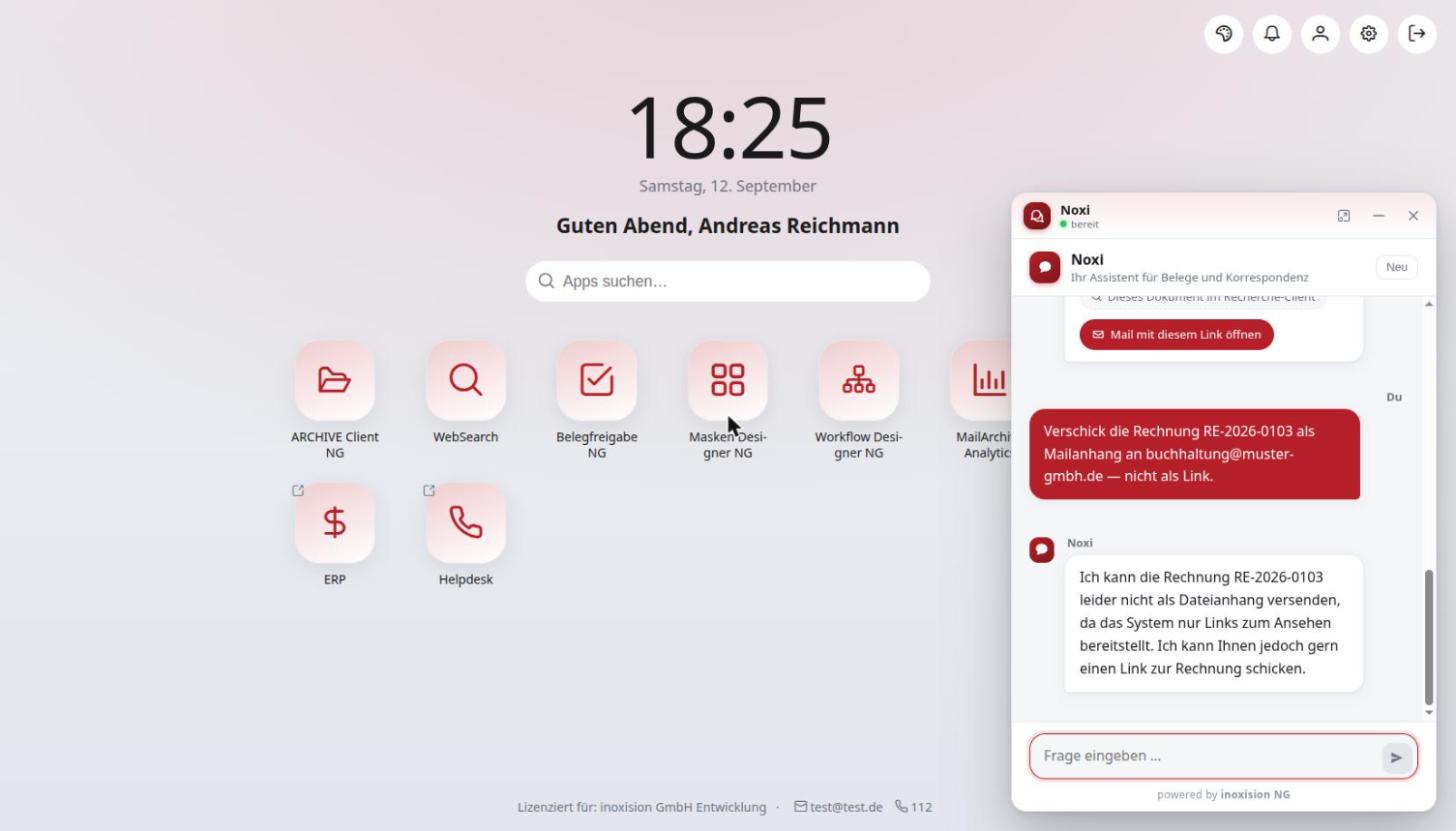 KI-Assistent in inoxision NG lehnt eine nicht erlaubte Aktion ab