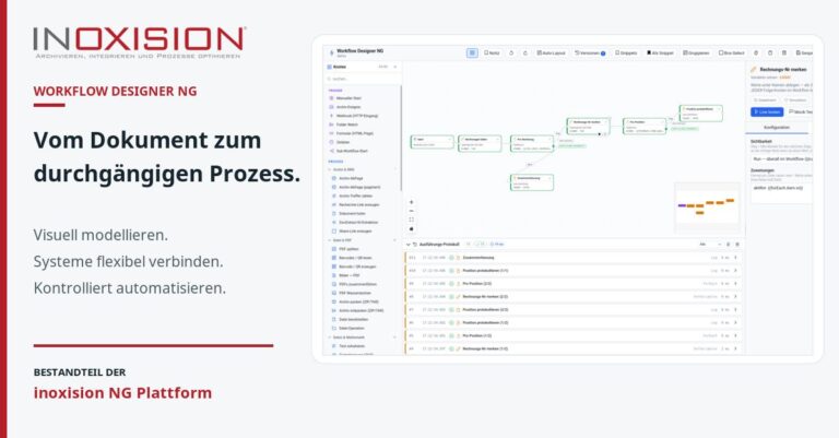 Workflow Designer NG mit visueller Prozessansicht und dem Leitsatz: Vom Dokument zum durchgängigen Prozess.