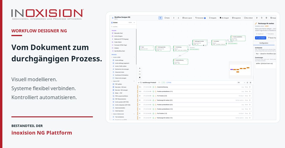 Workflow Designer NG mit visueller Prozessansicht und dem Leitsatz: Vom Dokument zum durchgängigen Prozess.