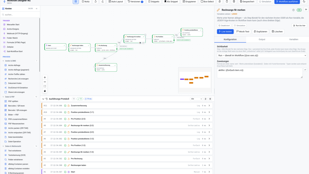 Workflow Designer NG mit grafischem Workflow, Knotenkonfiguration und Ausführungsprotokoll