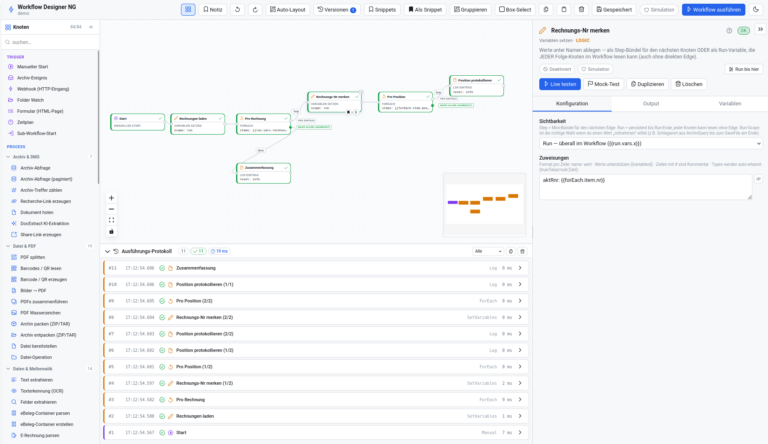 Workflow Designer NG mit grafischem Workflow, Knotenkonfiguration und Ausführungsprotokoll