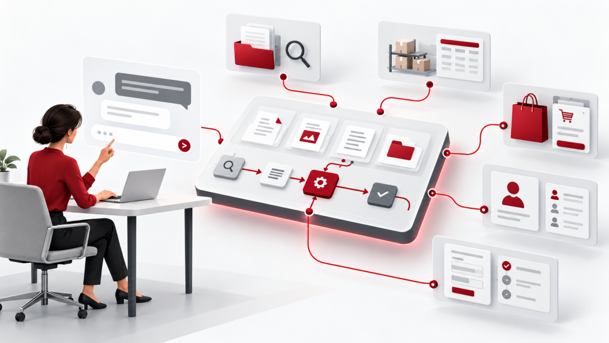 Anwenderin verbindet über einen KI-Chat ein Dokumentenarchiv und Workflow-Bausteine mit ERP, Shop, CRM und Fachanwendungen.
