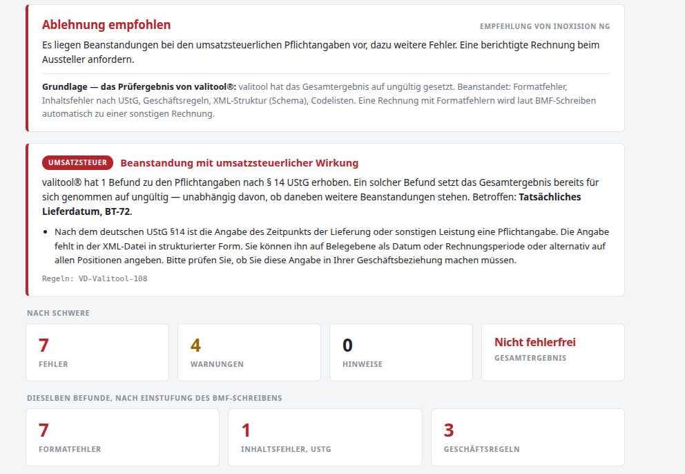 inoxision NG zeigt einen valitool-Befund zum Liefer- beziehungsweise Leistungszeitpunkt und eine Empfehlung zur Bearbeitung; die Beispielrechnung enthält außerdem weitere technische Beanstandungen.